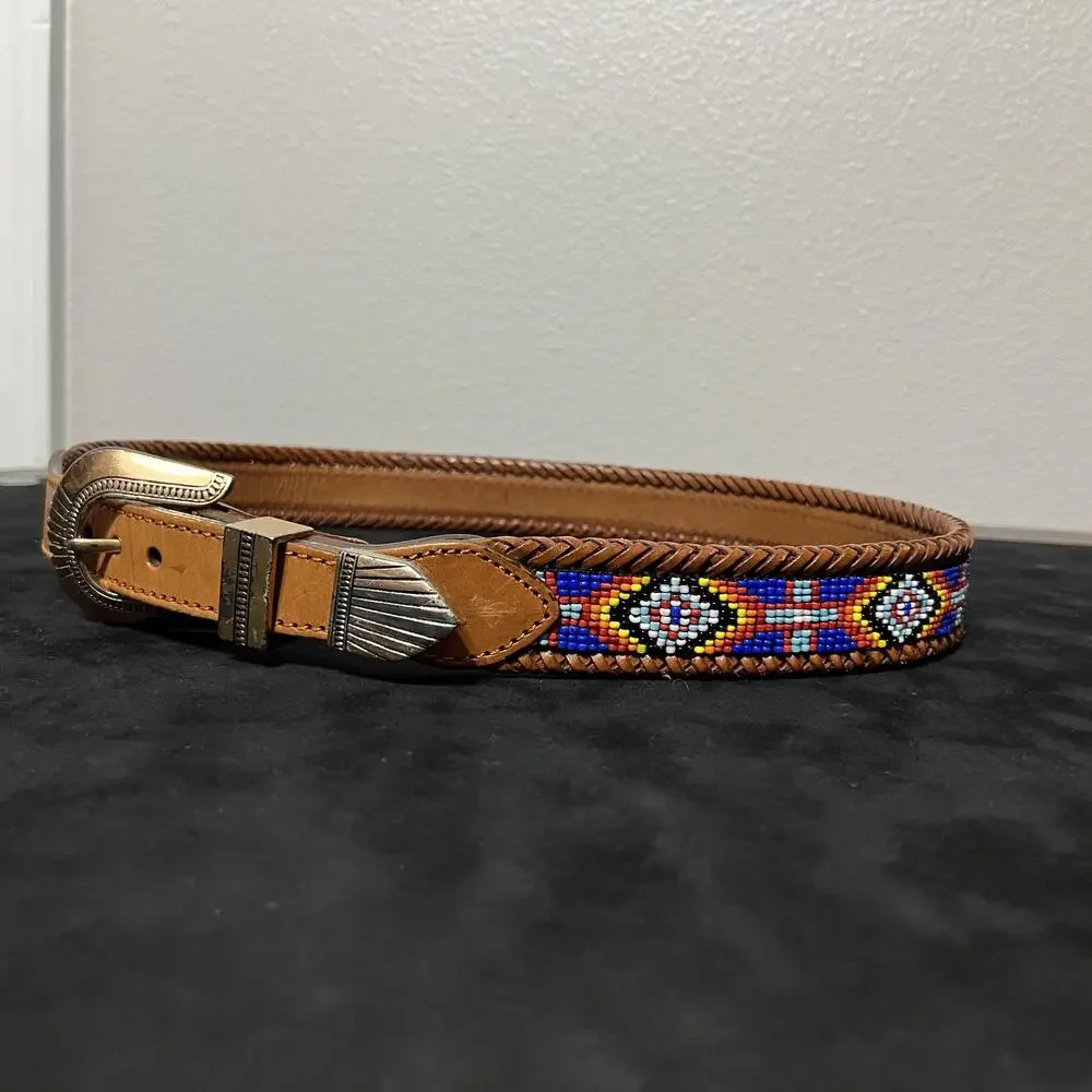 Vintage Beaded Leather Western Belt Men Polo 32 Multicolor Navajo Pattern Buckle